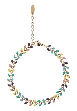 Arany lánc karkötő kis, levél alakú szemekkel, váltakozó pasztell színekben: lila, rózsaszín, sárga, kék és zöld.