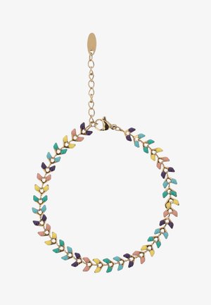 Goldene Kettenarmband mit kleinen, blattförmigen Gliedern in abwechselnden Pastellfarben Lila, Rosa, Gelb, Blau und Grün.