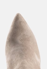 Pantof suede bej, cu vârful ascuțit și o textură netedă, având o siluetă elegantă și un design minimalist, fără hardware vizibil.