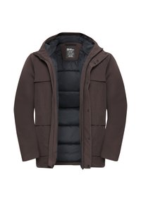 Braune Außenjacke mit Kapuze, ausgestattet mit einem schwarzen gepolsterten Innenfutter, zwei vorderen Taschen und Druckknopfverschlüssen. Das strukturierte Gewebe ist wasserabweisend.