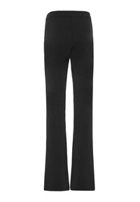 Svarta utsvängda byxor med en slät textur och elastisk midja. Har en klassisk design utan synliga fickor eller utsmyckningar.