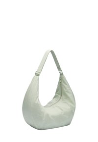 Helle grüne Nylon-Schultertasche mit einem Halbmond-Design, einem strukturierten, verstellbaren Tragegurt und einem Reißverschluss oben. Glatte Oberfläche.