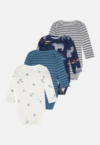 Štiri bodi za dojenčke z dolgimi rokavi iz bombaža: en bel z majhnimi modrimi živalmi, trije v različnih odtenkih modre in sive z živalskimi vzorci.