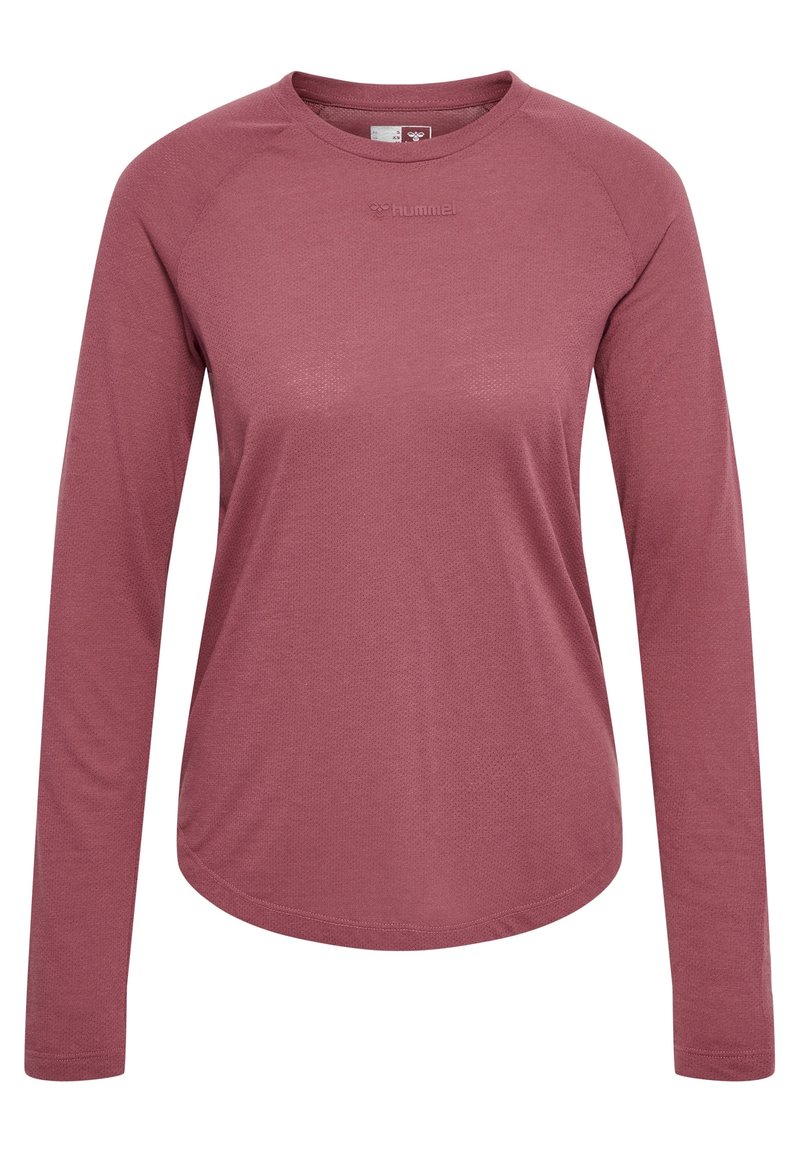 Pitkähihainen urheilupaita hillityssä ruusunsävyssä, valmistettu teksturoidusta, hengittävästä kankaasta. Siinä on pyöristetty helma ja raglanselät.