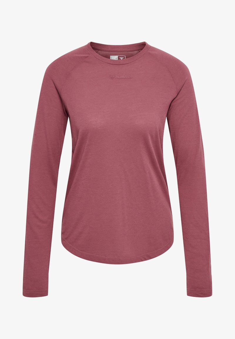 Pitkähihainen urheilupaita hillityssä ruusunsävyssä, valmistettu teksturoidusta, hengittävästä kankaasta. Siinä on pyöristetty helma ja raglanselät.