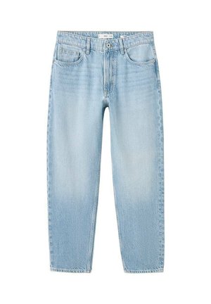 Jeans di denim azzurro chiaro con cinque tasche, chiusura con bottoni e vestibilità a gamba dritta, mostrati su uno sfondo bianco.