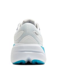 Valge spordijalats, millel on tekstuuriga ülaosa, helesinised aktsendid ja paks tald. Tagantvaade, mis näitab ümarat kuju ja õrnu brändingute detaile.