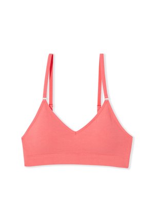 Korallenrosa weiches Stoff-Bralette mit dünnen verstellbaren Trägern und V-förmigem Ausschnitt, flach auf einem weißen Hintergrund liegend.