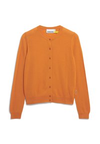 Orange knitted cardigan with a round neckline, buttoned front, and ribbed cuffs. Features a label sewn on the left side.