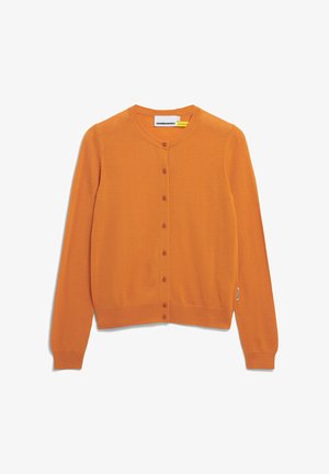 Oranje gebreide cardigan met een ronde halslijn, knoopsluiting aan de voorkant en geribbelde manchetten. Bevat een label dat aan de linkerkant is genaaid.