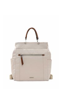 Beige Stoff-Rucksack mit strukturierter Oberfläche, braunen Ledergriffen, zentralem Reißverschlussfach und Seitentaschen für zusätzlichen Stauraum.