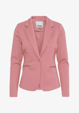 Roze blazer met een getailleerde pasvorm, enkele knoopsluiting, notch-revers en verticale naaddetails op de voorzakken. Glad stoftextuur.
