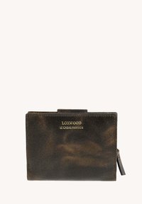 Portefeuille en cuir brun foncé vieilli avec le logo doré "LOXWOOD LE CABAS PARISIEN" et une tirette de fermeture éclair sur le côté droit.