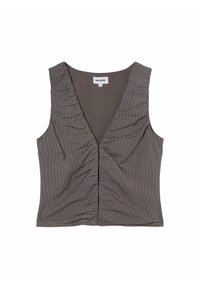 Grijze mouwloze top met een diepe V-hals, voorzien van verticale strepen, gegatherde textuur bij de buste en een knoopsluiting aan de voorkant.