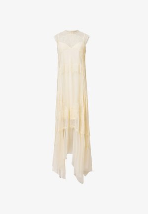 Cremfarbenes, ärmelloses Kleid mit geschichteten transparenten Stoffen, Spitzenakzenten und einem hohen Ausschnitt. Fließendes Design mit einem asymmetrischen Saum.