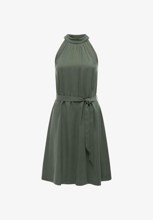 Ärmelloses knielanges olivgrünes Kleid mit hohem Kragen und einem Stoffgürtel, der in der Taille gebunden ist, aus glattem, leichtem Material