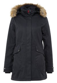 Parka d'hiver noire avec capuche bordée de fourrure, poches avant avec rabats à boutons, fermeture éclair et poignets réglables.