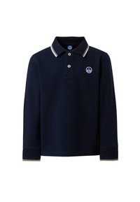 Polo a maniche lunghe di colore navy in cotone; presenta colletto e polsini a righe bianche, patta con due bottoni e logo sul petto.