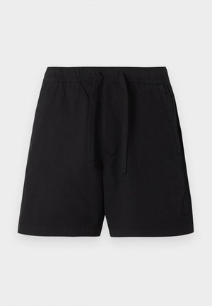 Black casual shorts with elastic waistband and drawstring, front pockets, and straight hem on a plain background.