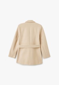 Beige wolmixjas met lange mouwen, een riem aan de achterkant en gesneden revers. Gladde textuur en op maat gemaakte ontwerp met een strakke silhouet.