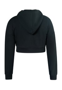 Felpa nera cropped con maniche lunghe, realizzata in tessuto morbido. Presenta un grande cappuccio e polsini a coste sulle estremità delle maniche.
