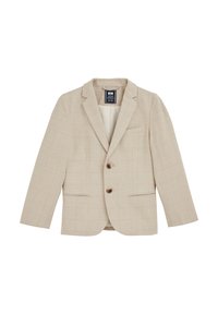 Hellbeige Blazer mit karierter Musterung, ausgestattet mit einem Reverskragen, zwei Knöpfen und vorderen Taschen. Glattes Material mit leicht strukturiertem Schnitt.
