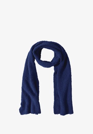 Sciarpa blu navy realizzata in un morbido tessuto testurizzato, caratterizzata da una forma lunga e rettangolare senza hardware visibili o motivi.