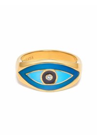 Guldring med et stiliseret øje design, blåt emalje, sort center og diamanter som accentuerende detalje, glat overflade og afrundede kanter.