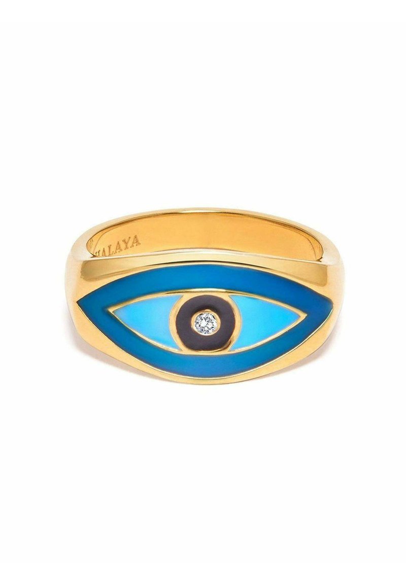 Guldring med et stiliseret øje design, blåt emalje, sort center og diamanter som accentuerende detalje, glat overflade og afrundede kanter.