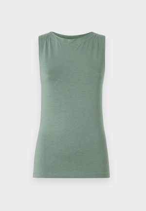 Top verde fără mâneci, realizat dintr-un material moale, cu un decolteu rotund și o formă ajustată. Design minimalist, fără modele sau embellishments.