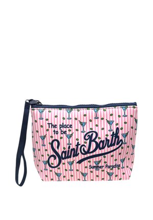 Borsello da polso a righe rosa e bianco con cerniera blu, motivo bicchiere da cocktail e oliva, testo "The place to be Saint Barth Summer Paradise."