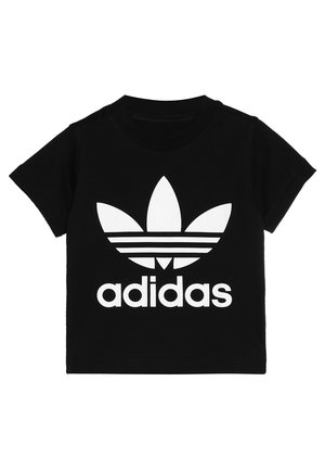 Musta lyhythihainen t-paita, jossa valkoinen Adidas-timanttikuvioinen logo ja "adidas"-teksti keskellä edessä.