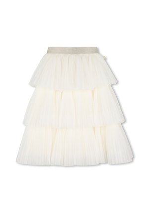 Witte gelaagde tule rok met drie lagen en een brede zilveren elastische tailleband, weergegeven op een effen witte achtergrond.