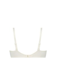 Lichtbeige beha met verstelbare bandjes en een haaksluiting. Glad oppervlak, naadloos ontwerp en minimalistische constructie. Geen zichtbare patronen.