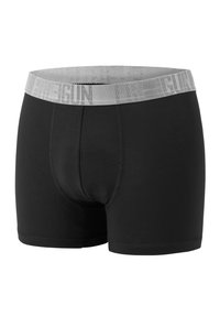 Black boxer briefs made of soft fabric, featuring a grey elastic waistband with branding, flatlock seams, and a snug fit.