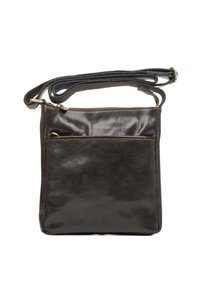 Hnědá kožená crossbody taška s hladkým povrchem, zipem nahoře, přední kapsou a nastavitelným popruhem. Ozdobená zlatými kovovými detaily.