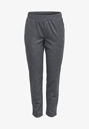 Pantalones deportivos de color gris oscuro con corte cónico y cintura elástica, fabricados con un tejido suave y cómodo, adecuados para uso casual o deportivo.