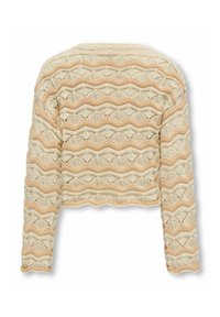 Geknipte gebreide cardigan in beige met perzikstrepen. Heeft een golvend patroon en een textiele stof, met een gehaakte zoom en lange mouwen.