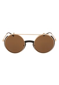Kulaté sluneční brýle s hnědými skly, zlatým kovovým rámem a černými akcenty. Mají dvojitý nosník a tenké nožičky.