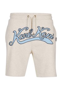 Shorts en coton beige avec une taille élastique, ornés d'un logo "Karl Kani" en cursive bleue et de touches dorées sur le cordon de serrage.