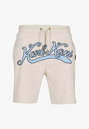 Beige bomullsshorts med en elastisk midja, med en blå "Karl Kani"-logotyp i kursiv och guldaccenter på dragsnöret.