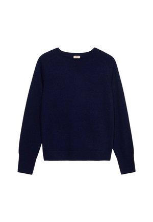Suéter de punto azul marino con cuello redondo, mangas largas y puños y dobladillo acanalados. Textura suave, sin patrones o acentos visibles.