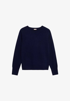 Donkerblauwe gebreide trui met een ronde hals, lange mouwen en ribgebreide manchetten en onderrand. Zachte textuur, geen zichtbare patronen of accenten.