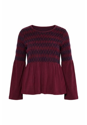 Ulla Popken, GEOMETRIC TEXTURE LONG SLEEVE ELASTIC SMOCKED TEE - Camiseta de manga larga - claret
