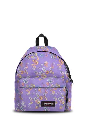 Purple floral backpack with a rounded shape, featuring a main compartment and front zip pocket. Made of durable material with black accents.