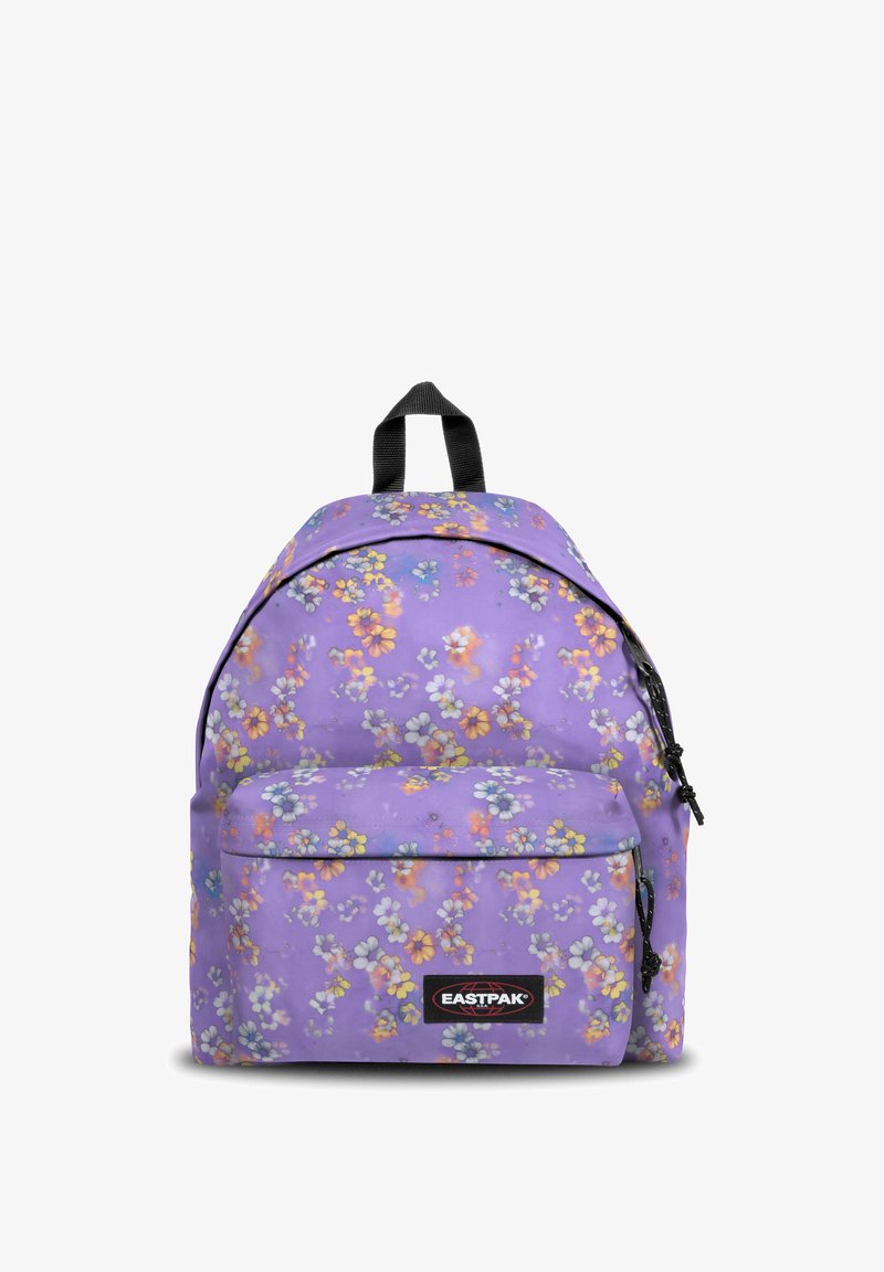 Zaino floreale viola di forma arrotondata, con un compartimento principale e una tasca frontale con zip. Realizzato in materiale resistente con dettagli neri.