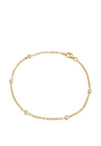 Goldarmband mit kleinen klaren Steinen, das ein zartes Kettendesign aufweist und einen Karabinerverschluss zur Sicherung hat.