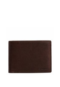 Braune Lederbörse mit texturierten Oberflächen, Zweifachdesign, Obernaht und geprägtem Logodetail. Kompakte und minimalistische Silhouette.