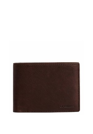 Braune Lederbörse mit texturierten Oberflächen, Zweifachdesign, Obernaht und geprägtem Logodetail. Kompakte und minimalistische Silhouette.