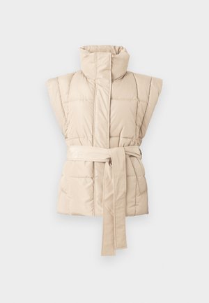 Beige sleeveless padded jacket with high collar and fabric belt tied at the waist on a plain white background.